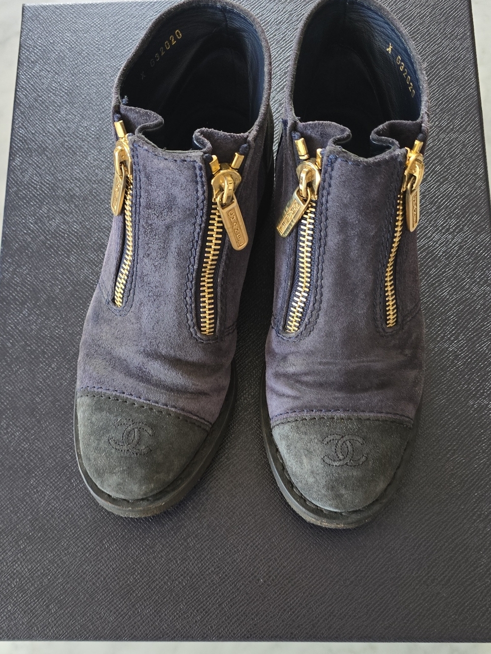 CHANEL Navy Suede Ankle Booties with Gold Zippers